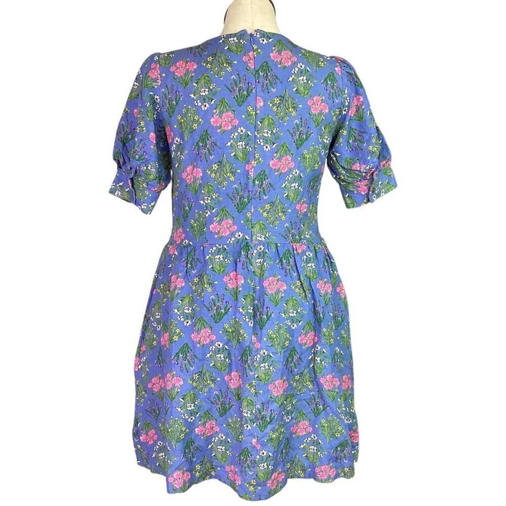 Loft Fit Flare Floral Mini Dress Women 10T Tall Blue Puff Sleeve Cottagecore NEW - Picture 7 of 9